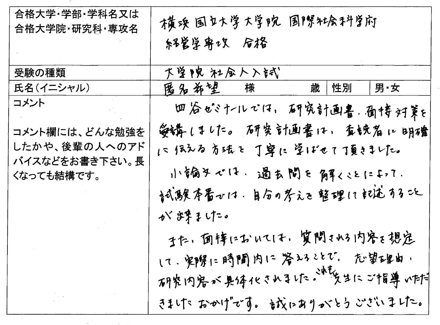 大学院入試 合格体験記 四谷ゼミナール