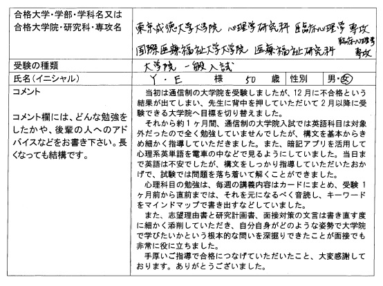 19 東京成徳大学大学院 心理学研究科 合格 大学院入試 合格体験記 四谷ゼミナール