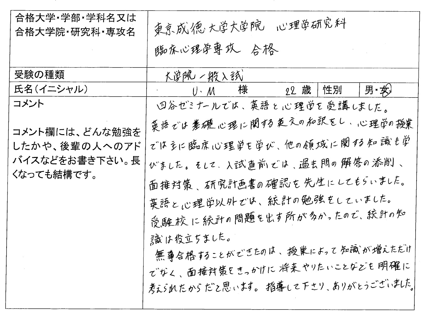 大学院入試 合格体験記 四谷ゼミナール