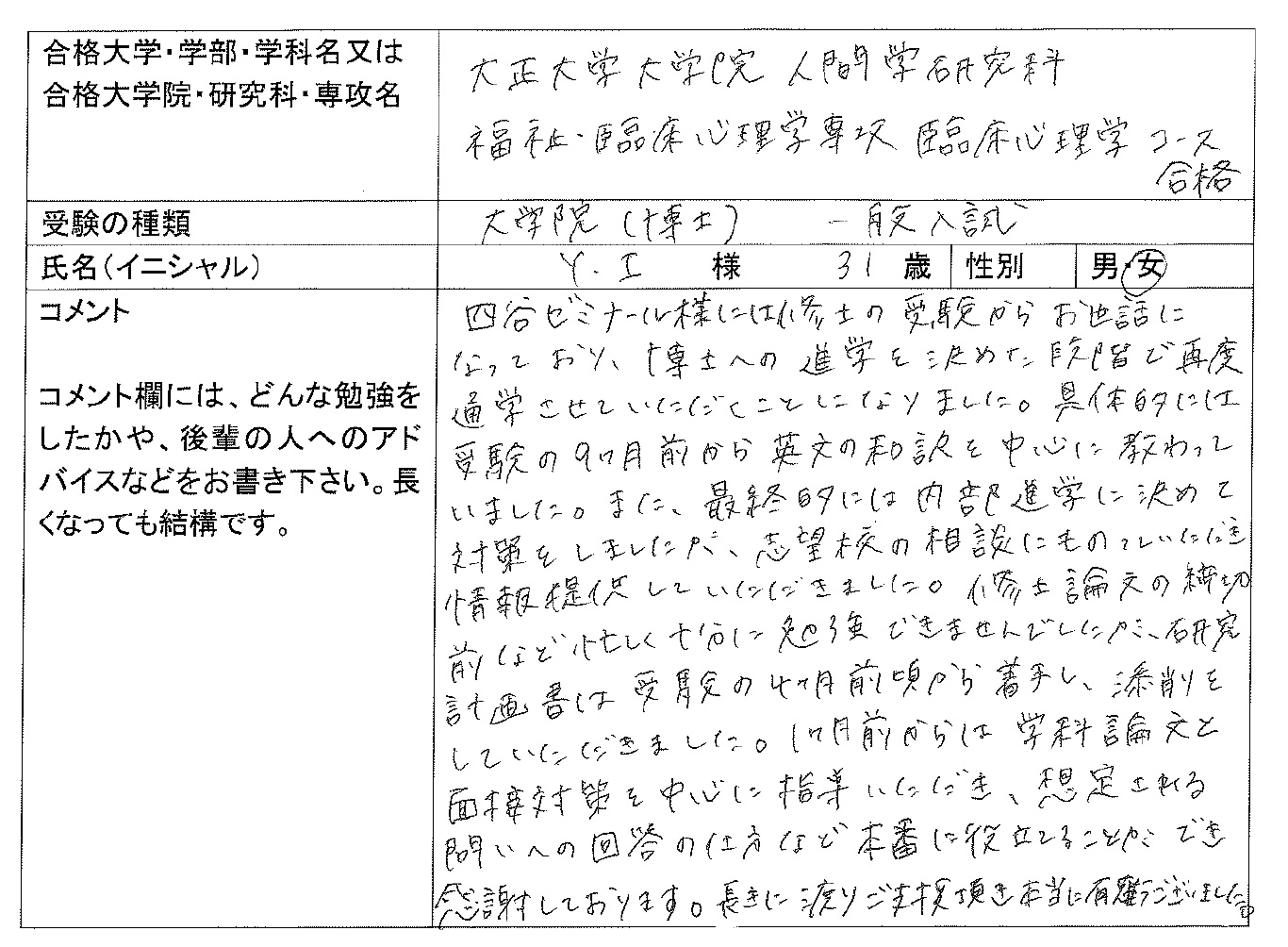 2021 大正大学大学院 人間学研究科 臨床心理学コース 合格｜大学院入試